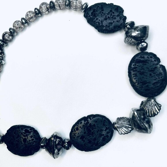 Vintage Lava Rock Necklace 1980s, Large Volcanic Stones, Glass & Metal Beads, 50 - Picture 7 of 7